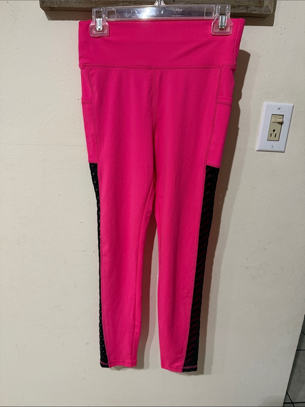 Women's Hot Pink Leggings with Black See Through Side Panels Pockets
